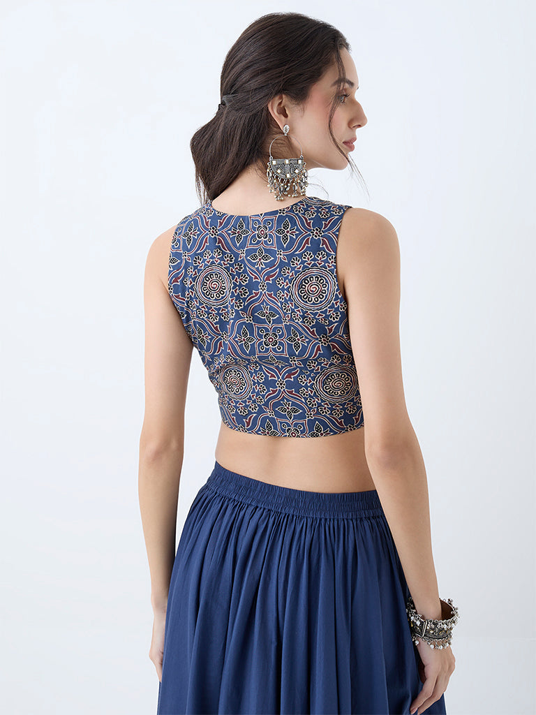 Utsa Indigo Printed Crop Cotton Top