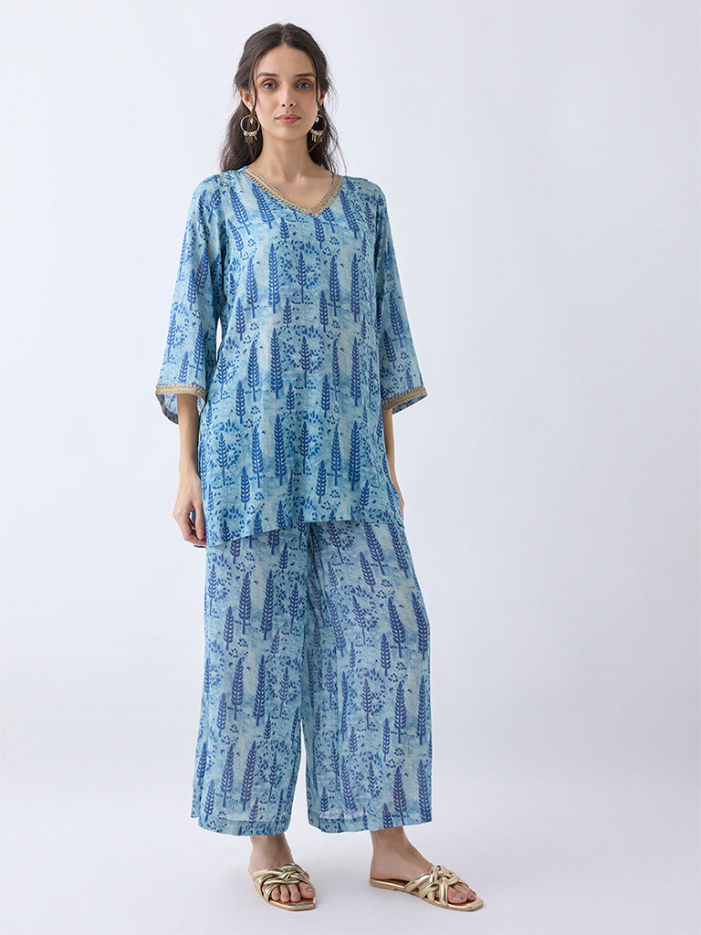 Utsa Blue Botanical Printed Pants