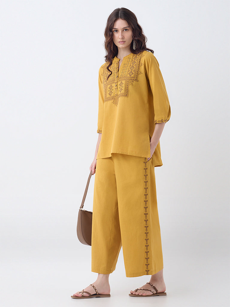Utsa Mustard Embroidered Cotton Pants