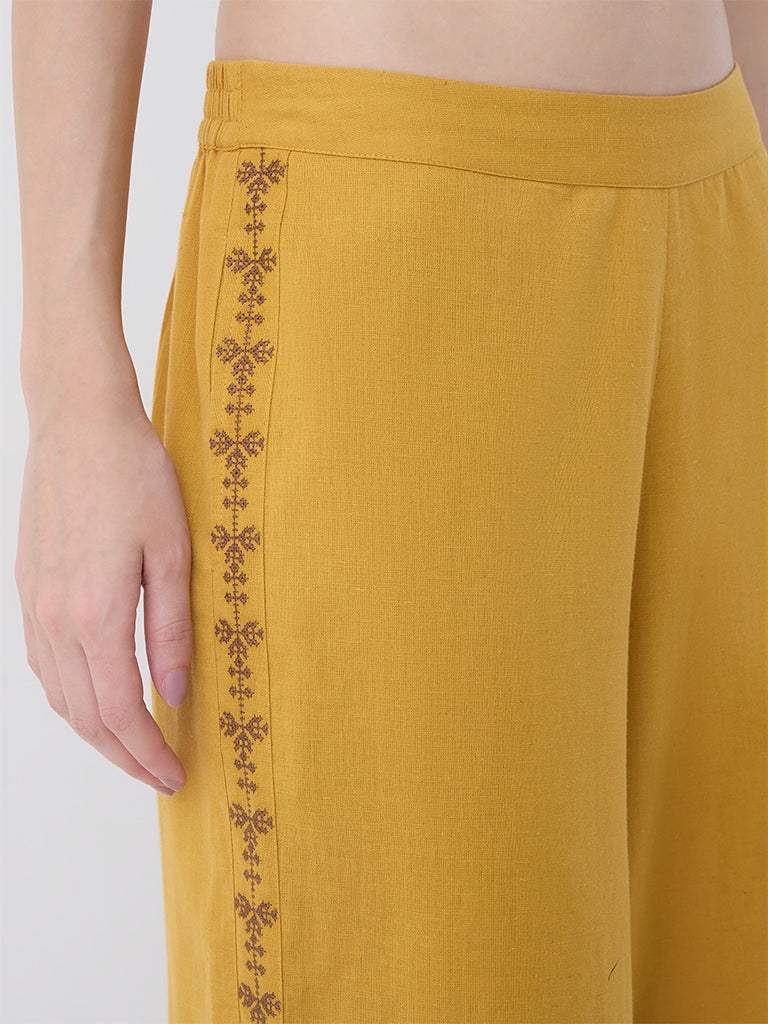 Utsa Mustard Embroidered Cotton Pants