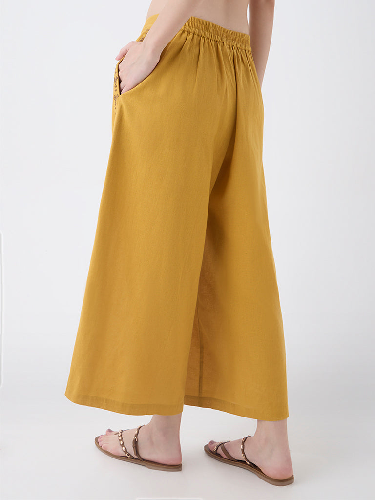 Utsa Mustard Embroidered Cotton Pants