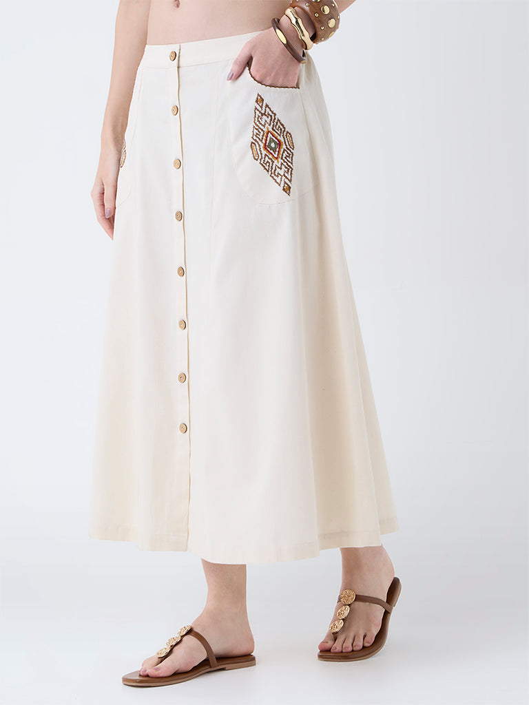 Utsa Cream Embroidered Cotton Maxi Skirt