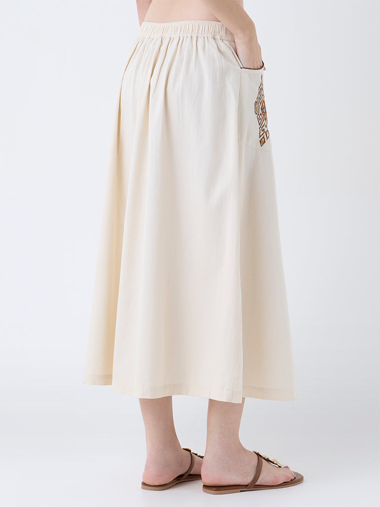 Utsa Cream Embroidered Cotton Maxi Skirt