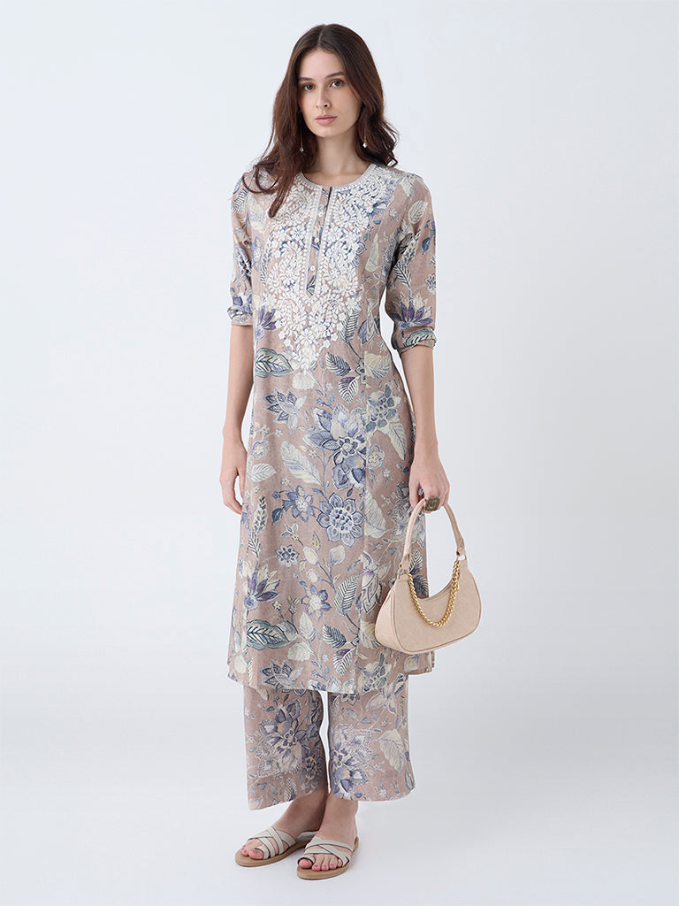 Utsa Beige Floral Pattern Pants