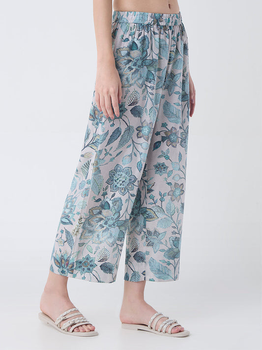 Utsa Teal Floral Pattern Pants