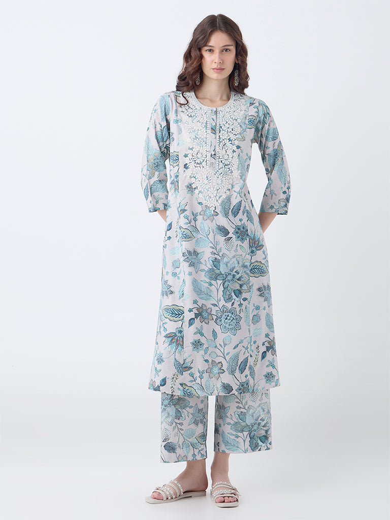 Utsa Teal Floral Pattern Pants