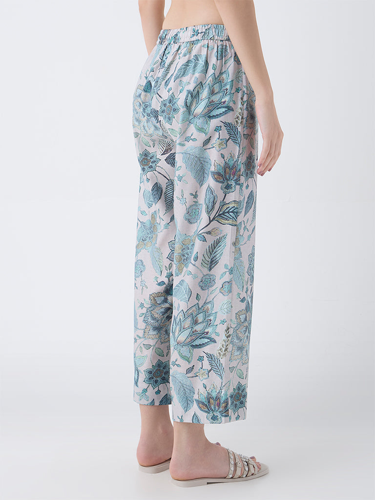 Utsa Teal Floral Pattern Pants