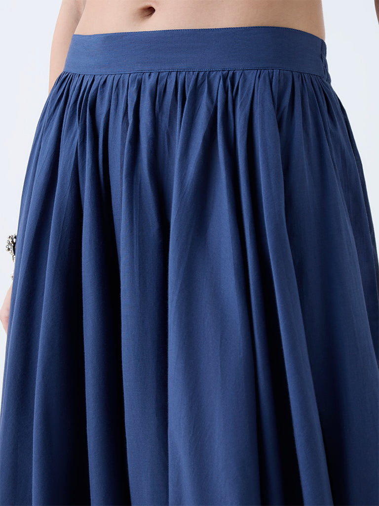 Utsa Indigo Printed Cotton Maxi Skirt