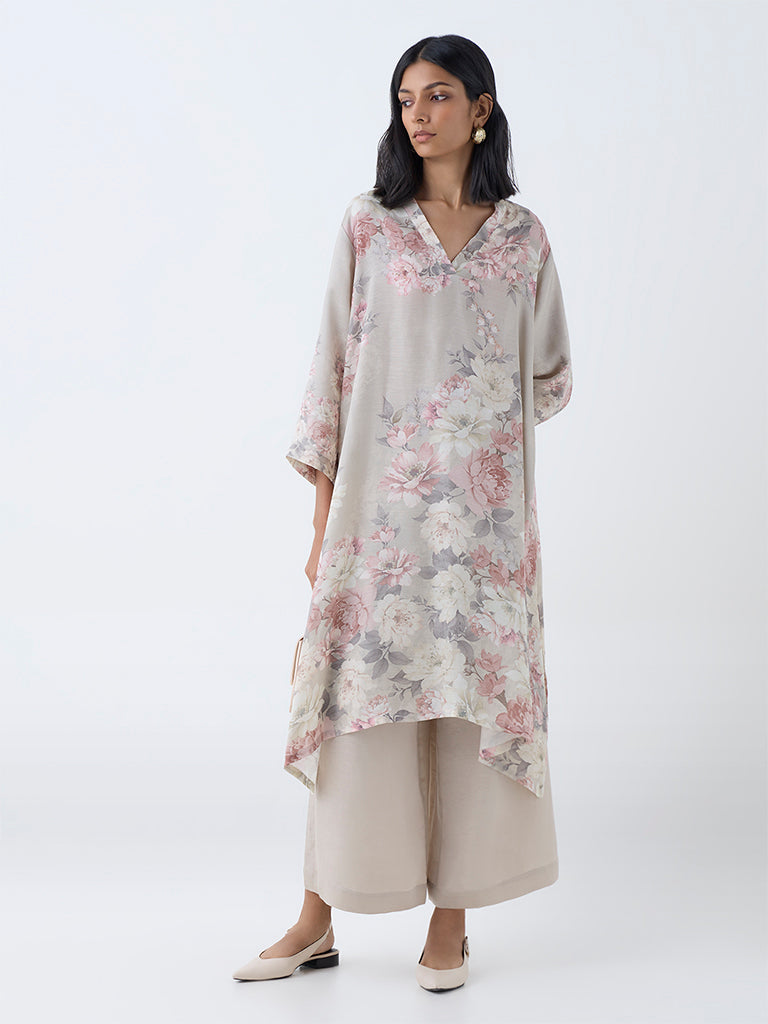 Zuba Taupe Floral Design A-Line Kurta