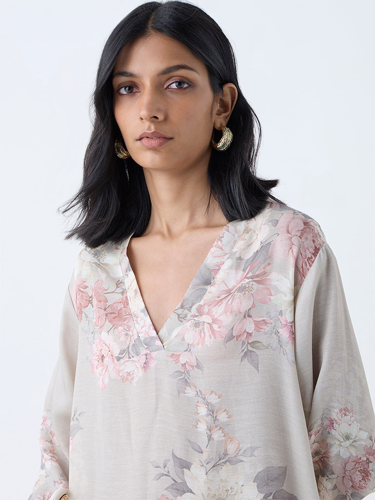 Zuba Taupe Floral Design A-Line Kurta