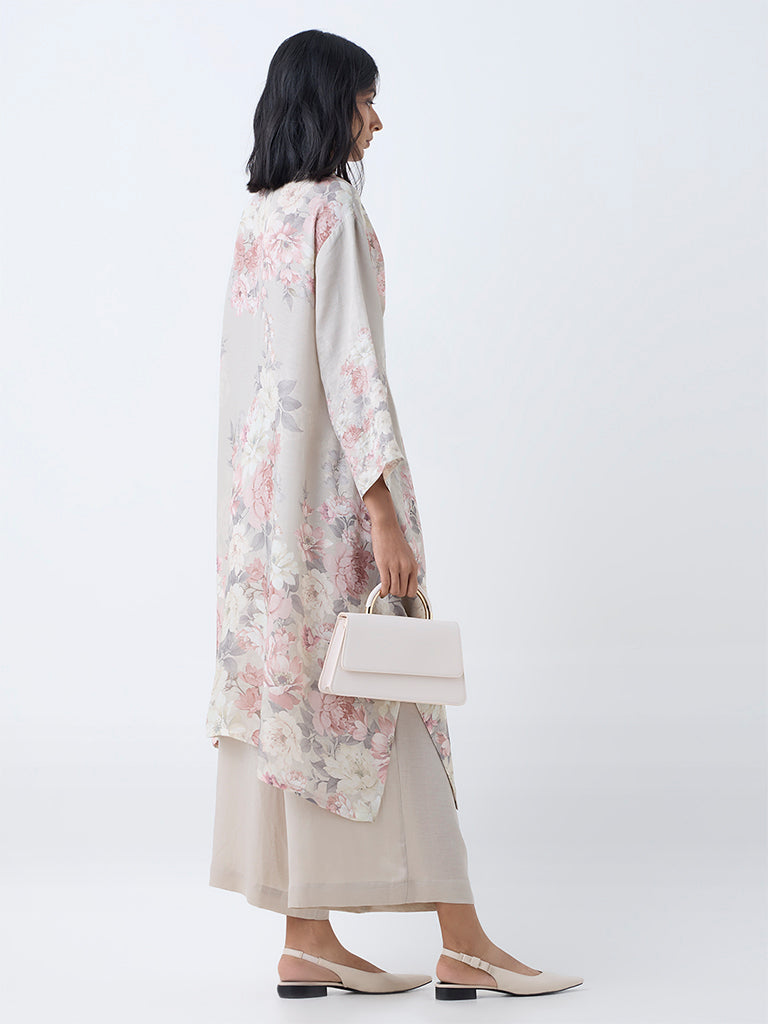 Zuba Taupe Floral Design A-Line Kurta