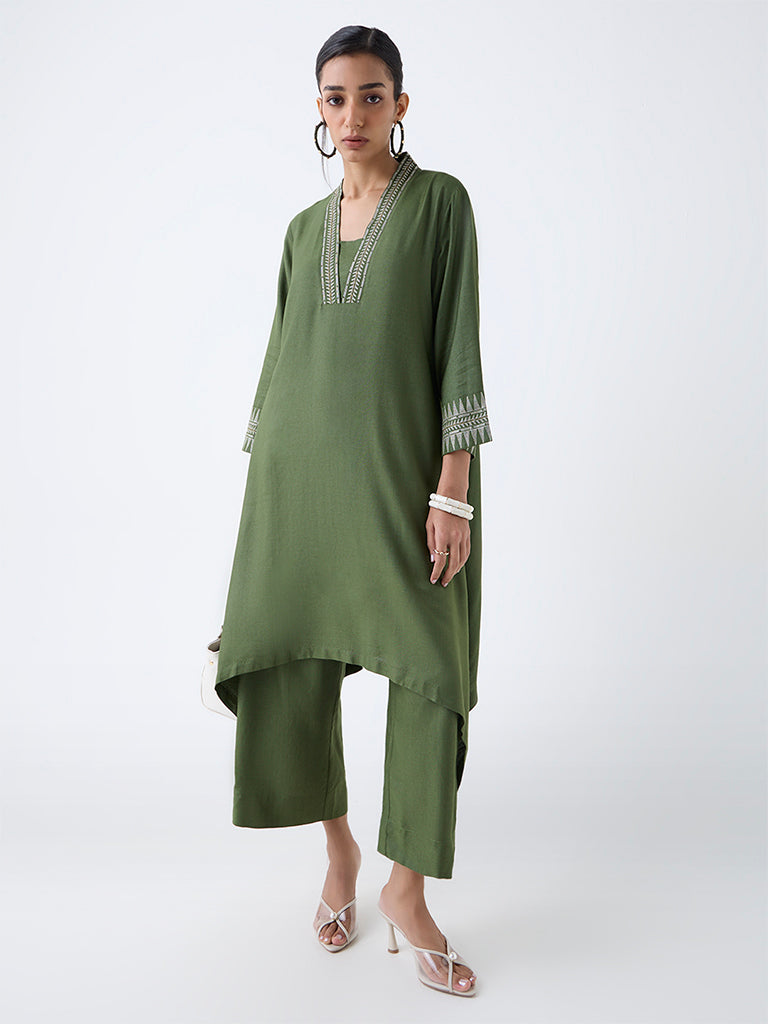 Zuba Olive Embroidered A-Line Kurta