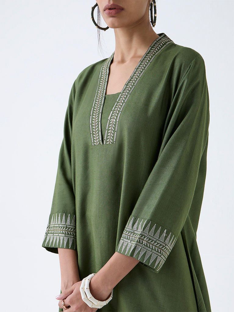 Zuba Olive Embroidered A-Line Kurta