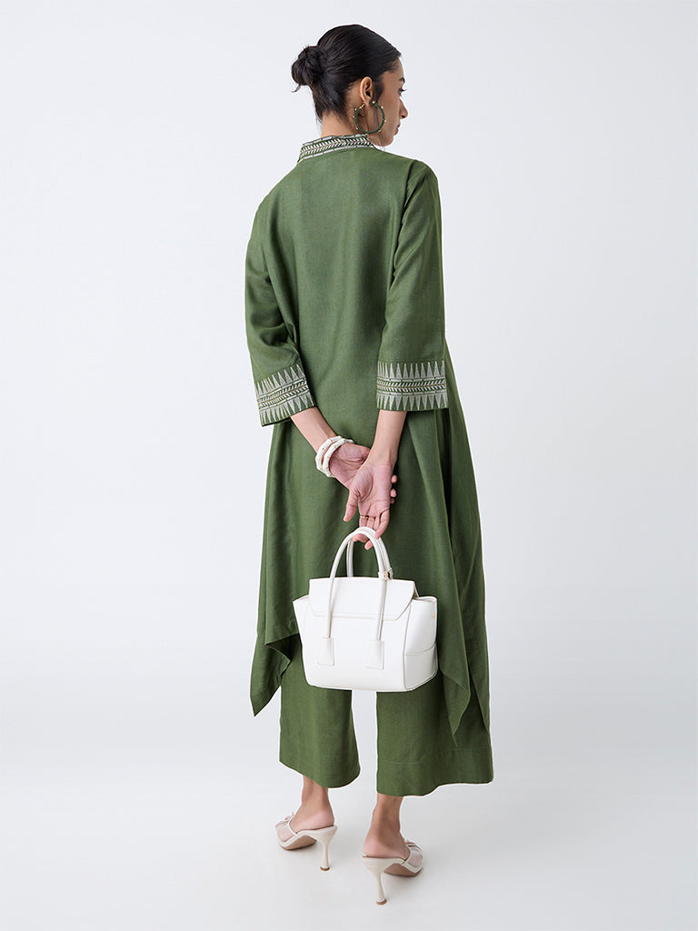 Zuba Olive Embroidered A-Line Kurta