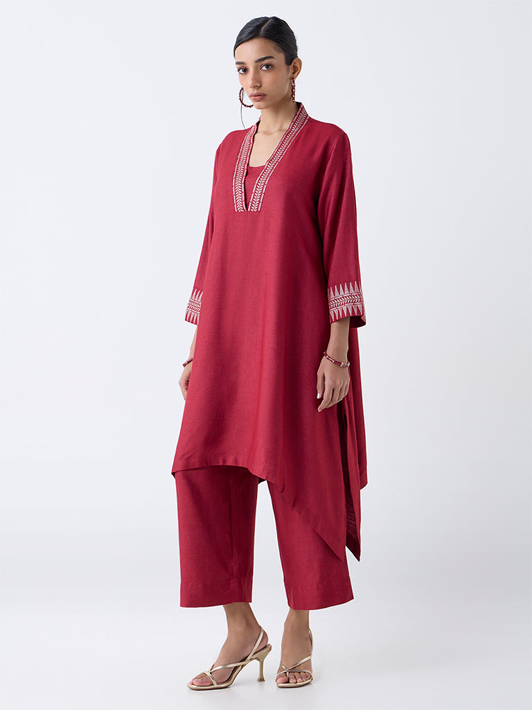 Zuba Red Embroidered A-Line Kurta