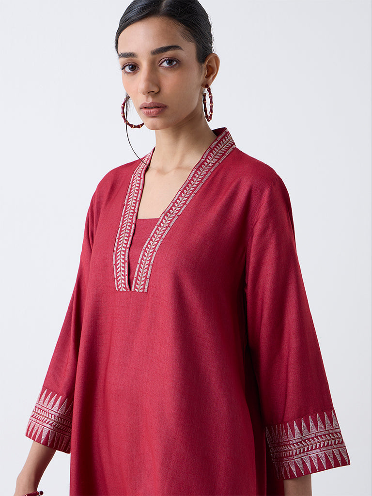 Zuba Red Embroidered A-Line Kurta