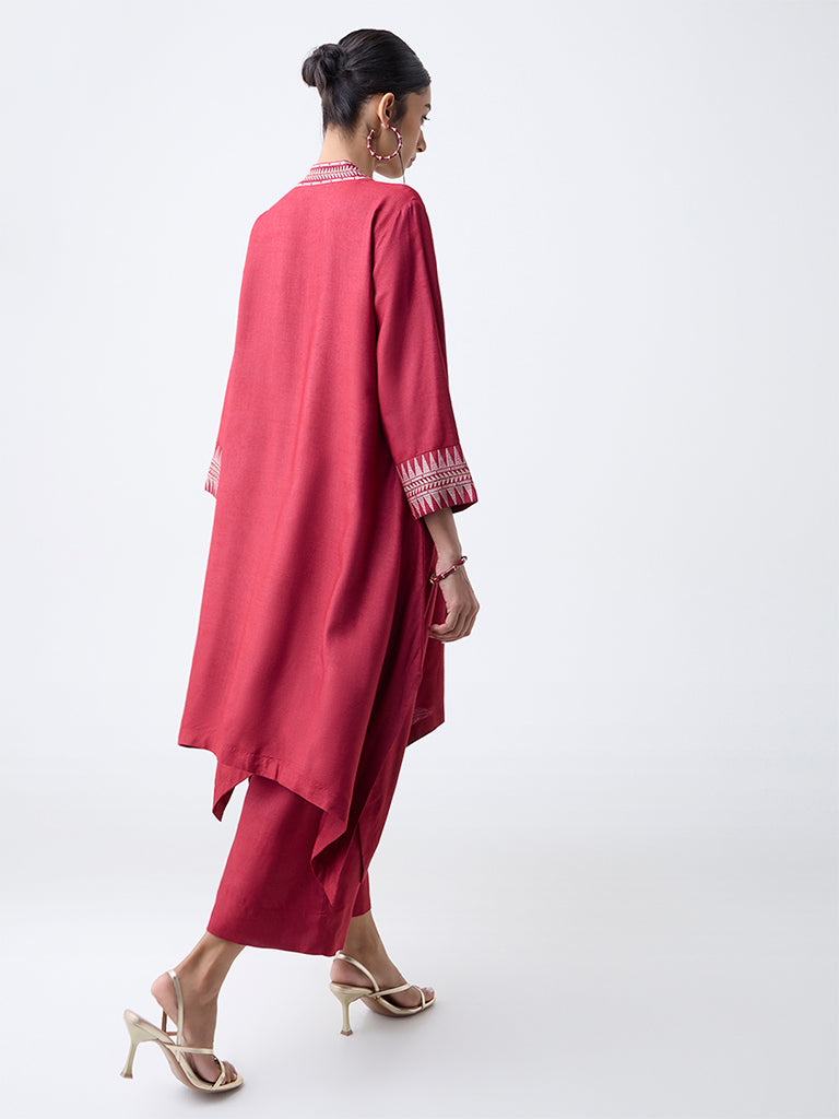 Zuba Red Embroidered A-Line Kurta