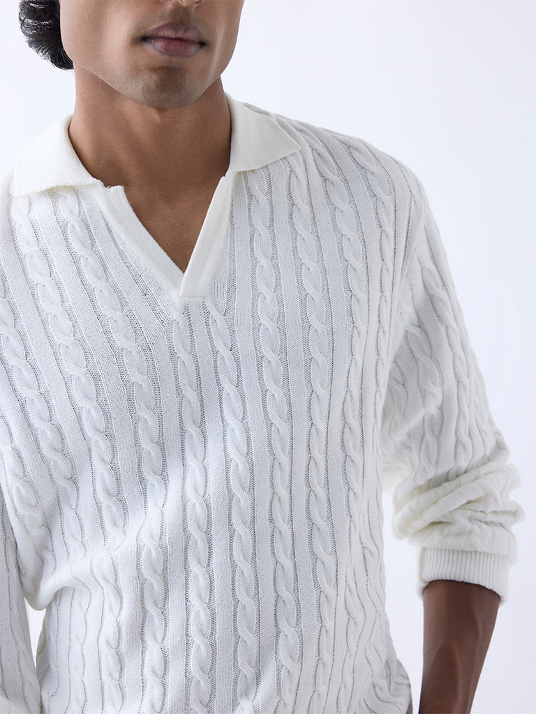 Ascot White Cable-Knit Relaxed-Fit Sweater