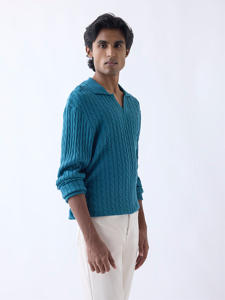 Ascot Teal Cable-Knit Relaxed-Fit Sweater