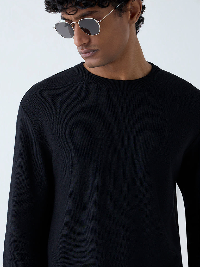 WES Formals Black Knitted Slim-Fit Sweater