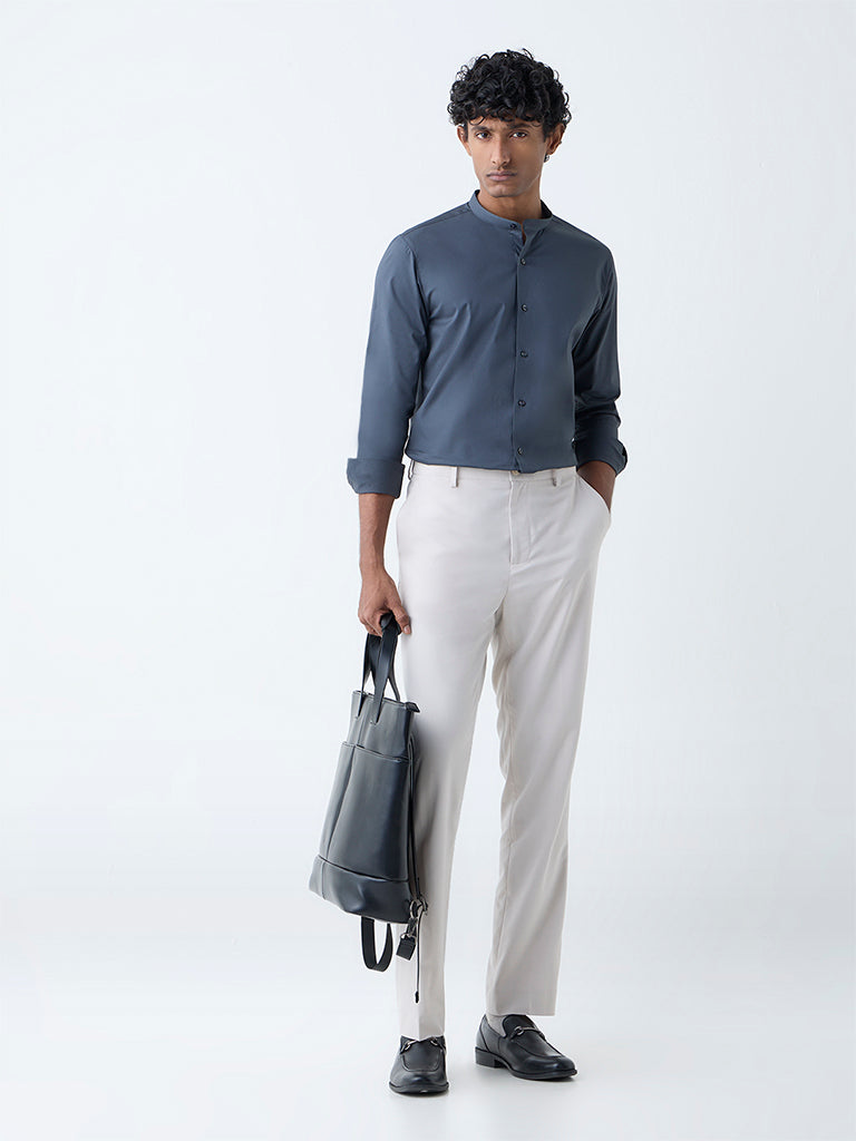 WES Formals Dark Grey Solid Ultra-Slim Fit Cotton-Blend Shirt