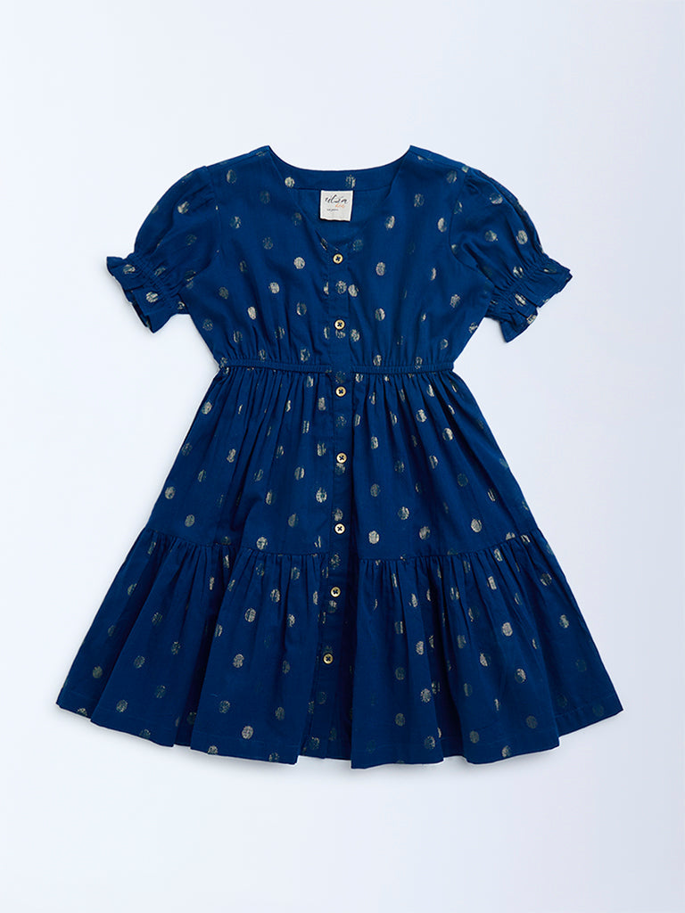 Utsa Kids Dark Blue Badla Pattern Fit-and-Flare Cotton-Blend Dress - (2-8yrs)