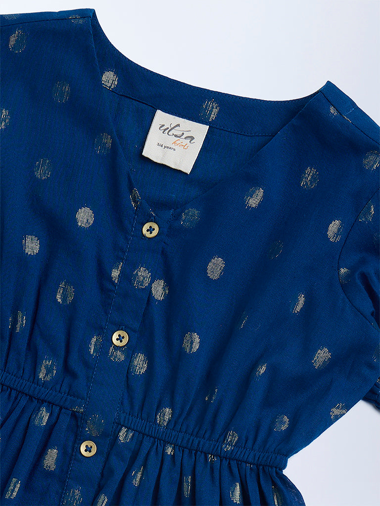 Utsa Kids Dark Blue Badla Pattern Fit-and-Flare Cotton-Blend Dress - (2-8yrs)