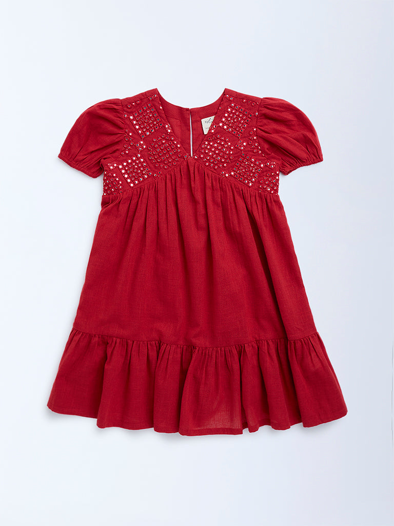 Utsa Kids Red Mirror-Work Detailed Cotton Tiered Dress - (2-8yrs)