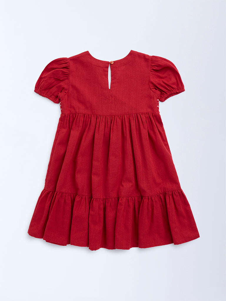 Utsa Kids Red Mirror-Work Detailed Cotton Tiered Dress - (2-8yrs)