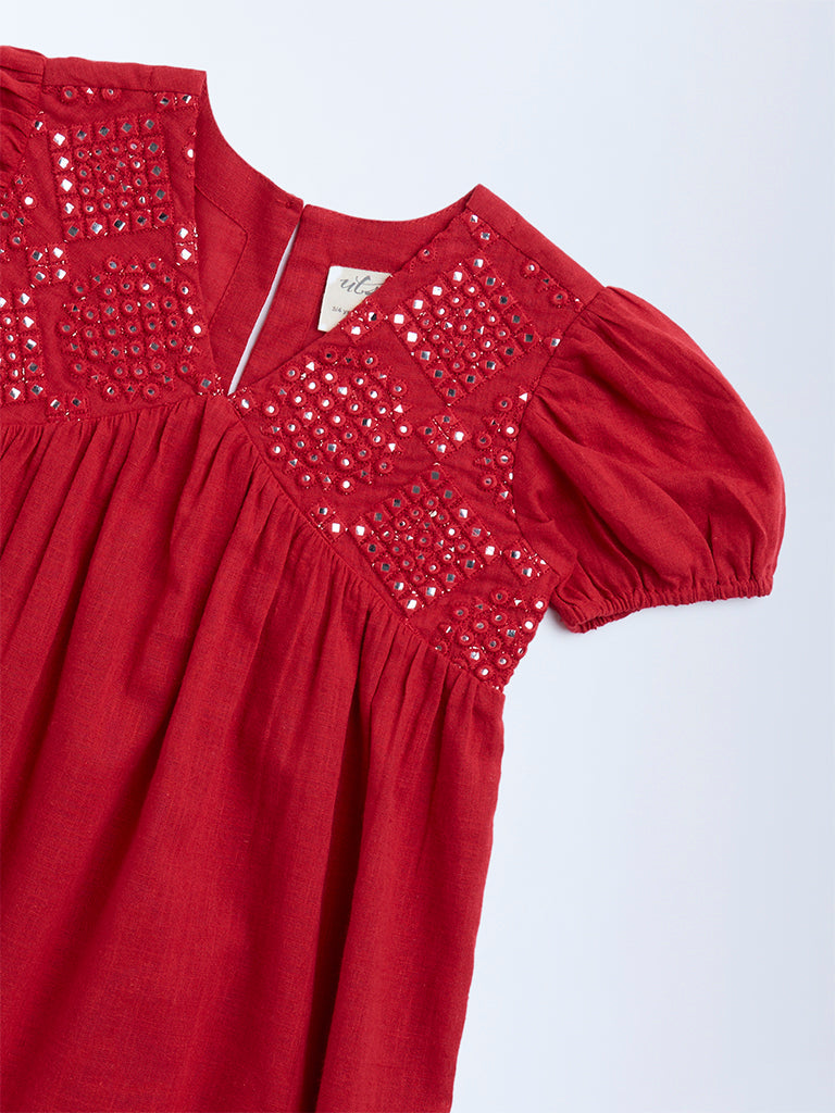 Utsa Kids Red Mirror-Work Detailed Cotton Tiered Dress - (2-8yrs)