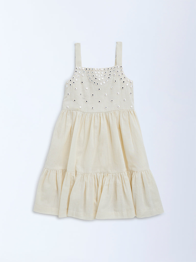 Utsa Kids Off-White Mirror-Work Detailed Cotton Tiered Dress - (2-8yrs)