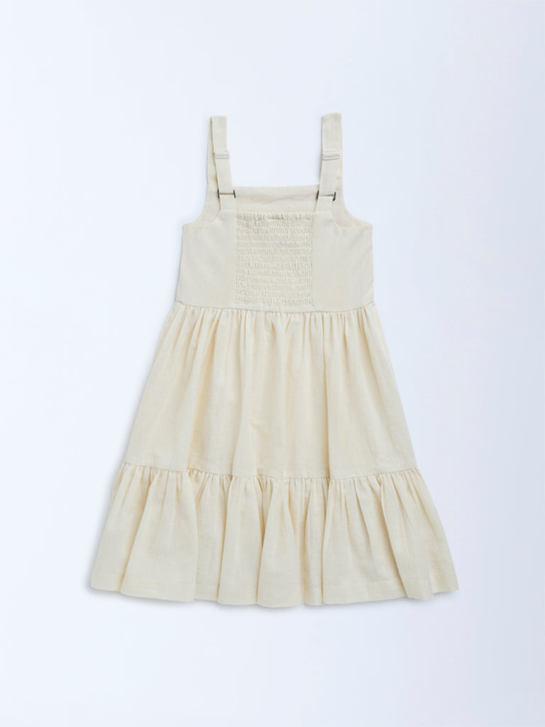 Utsa Kids Off-White Mirror-Work Detailed Cotton Tiered Dress - (2-8yrs)