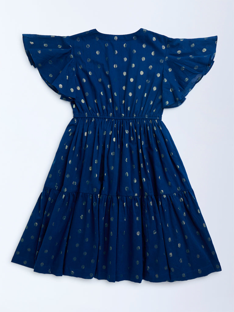 Utsa Kids Dark Blue Badla Pattern Fit-and-Flare Cotton-Blend Dress - (8-14yrs)
