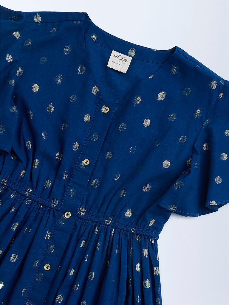 Utsa Kids Dark Blue Badla Pattern Fit-and-Flare Cotton-Blend Dress - (8-14yrs)