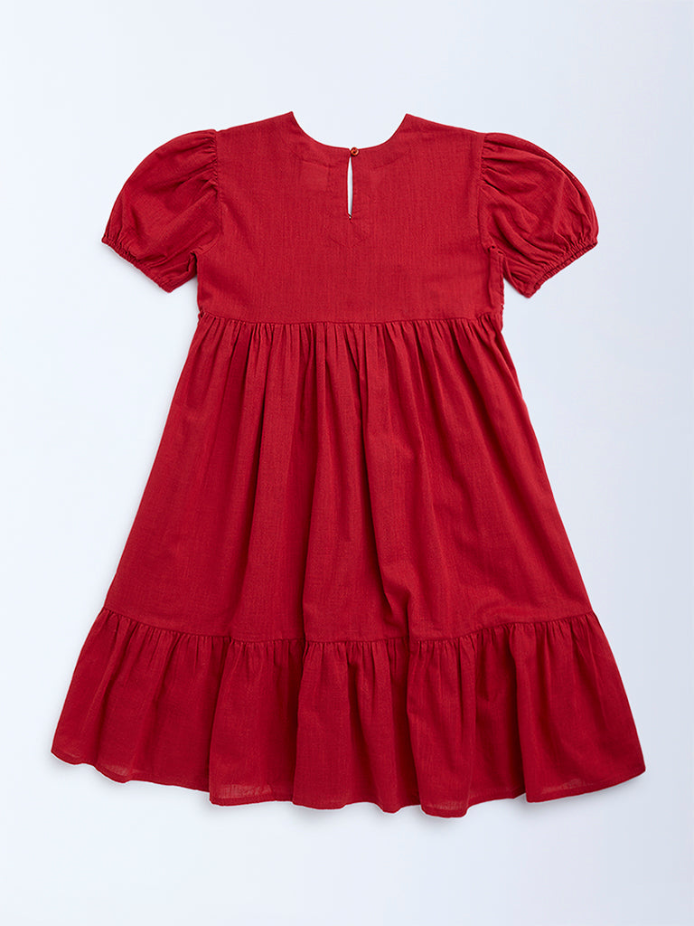 Utsa Kids Red Mirror-Work Detailed Cotton Tiered Dress - (8-14yrs)
