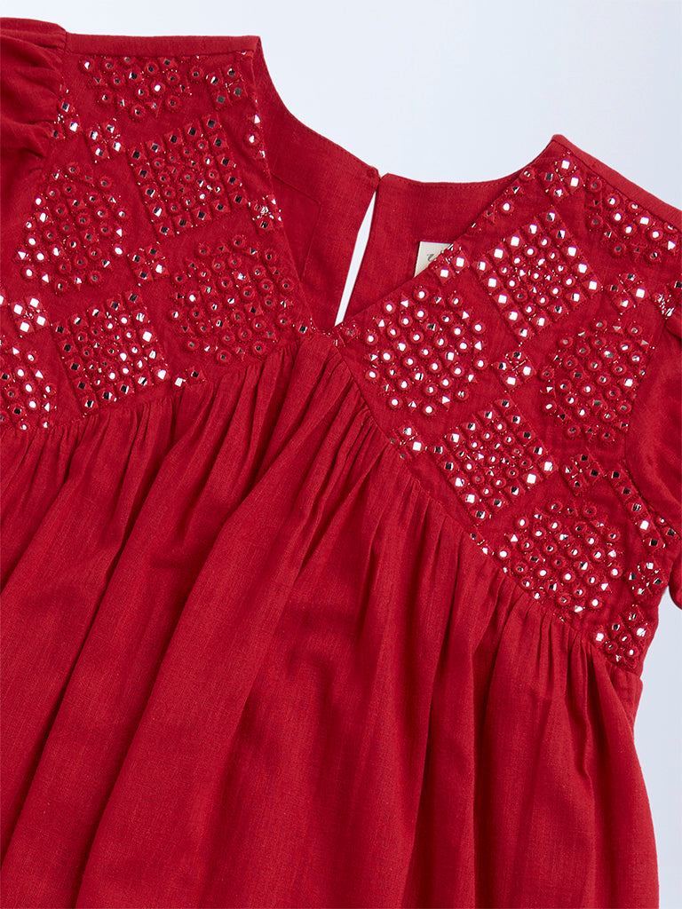 Utsa Kids Red Mirror-Work Detailed Cotton Tiered Dress - (8-14yrs)