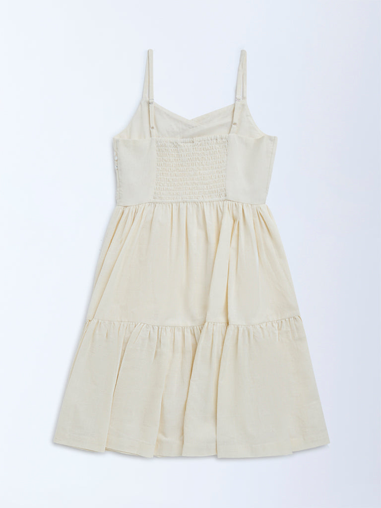 Utsa Kids Off-White Mirror-Work Detailed Cotton Tiered Dress - (8-14yrs)