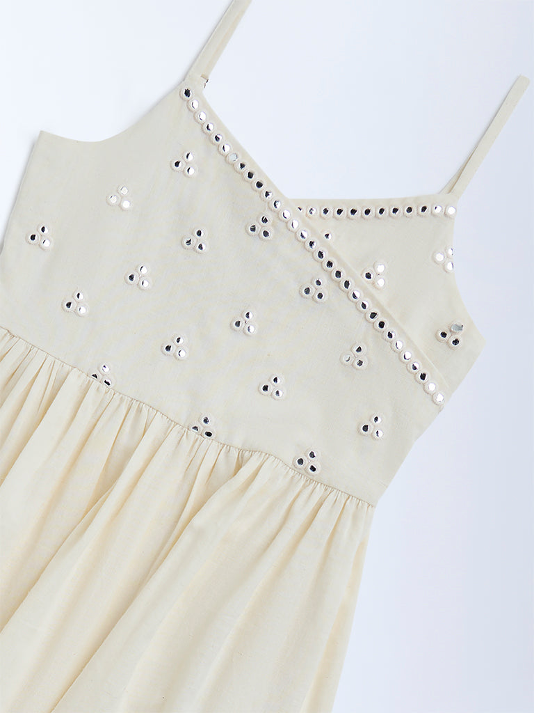 Utsa Kids Off-White Mirror-Work Detailed Cotton Tiered Dress - (8-14yrs)