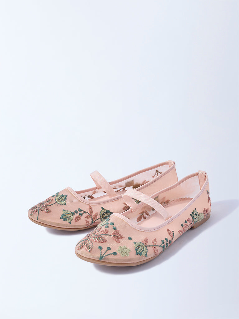 Yellow Peach Floral Embroidered Mesh Ballerina