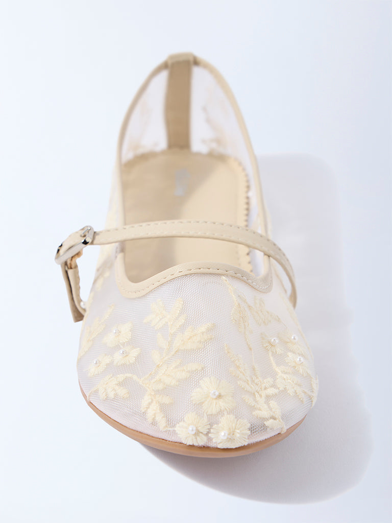 Yellow Ivory Mesh Floral Embroidered Mary Jane Shoes