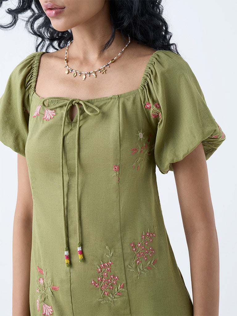 Bombay Paisley Olive Embroidered Cotton-Blend A-Line Dress