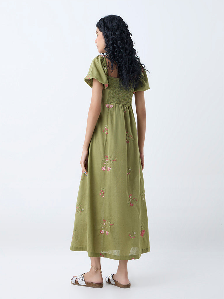 Bombay Paisley Olive Embroidered Cotton-Blend A-Line Dress