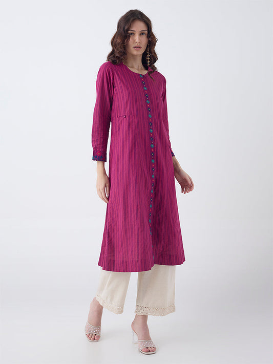 Utsa Magenta Striped Cotton A-Line Kurta