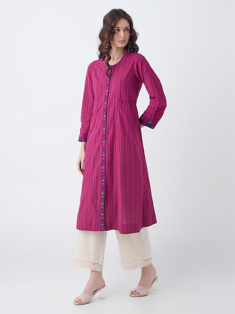 Utsa Magenta Striped Cotton A-Line Kurta
