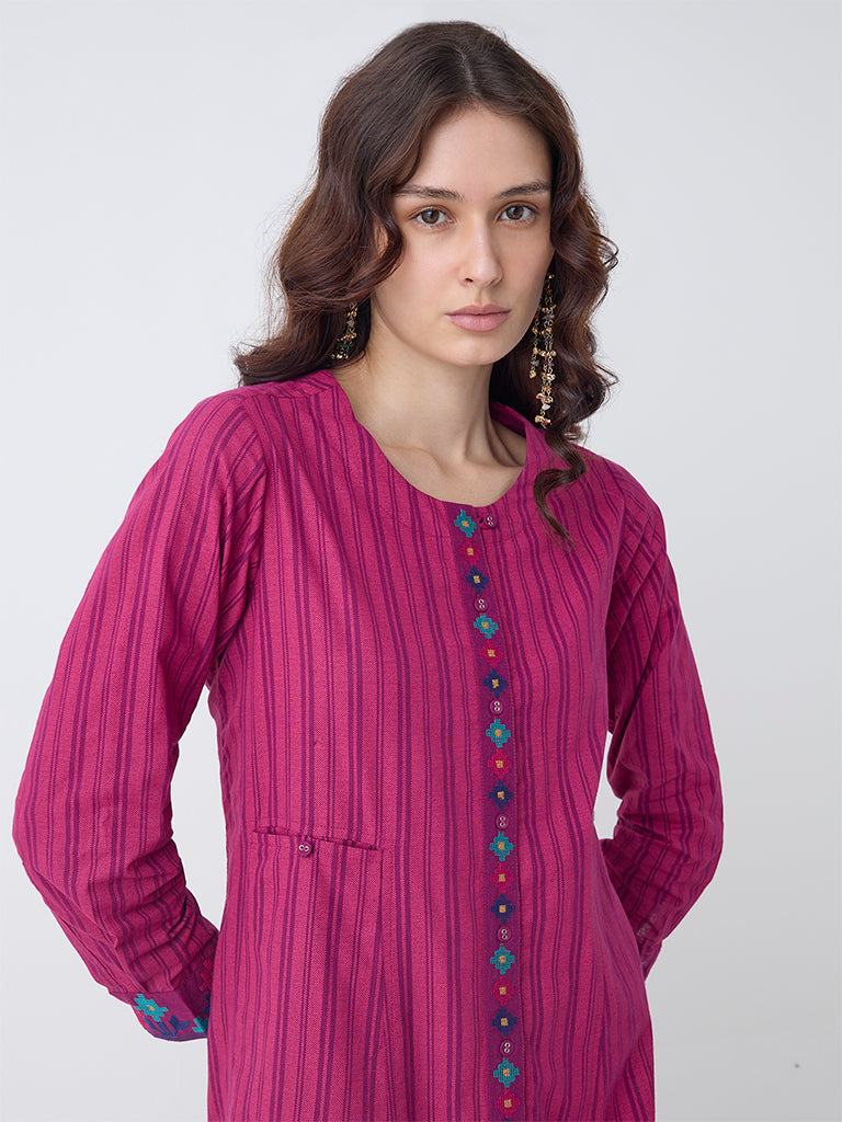 Utsa Magenta Striped Cotton A-Line Kurta