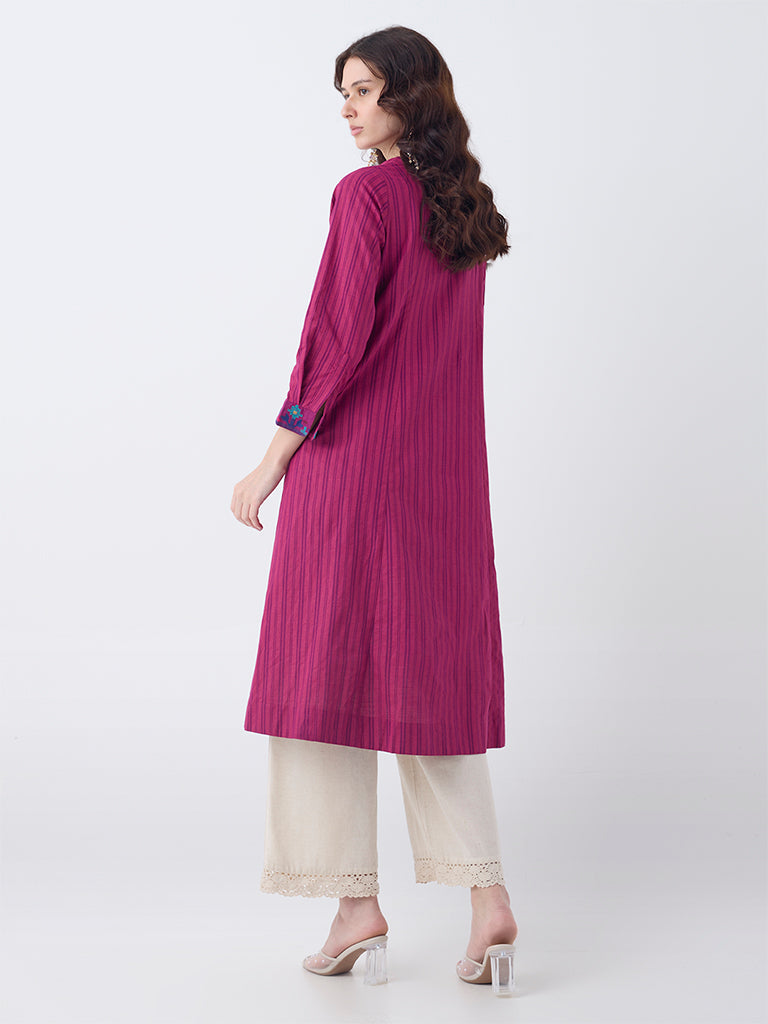 Utsa Magenta Striped Cotton A-Line Kurta