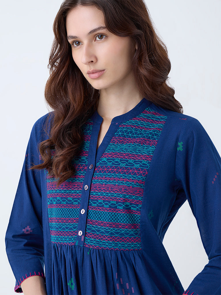 Utsa Indigo Embroidered Cotton A-Line Kurta