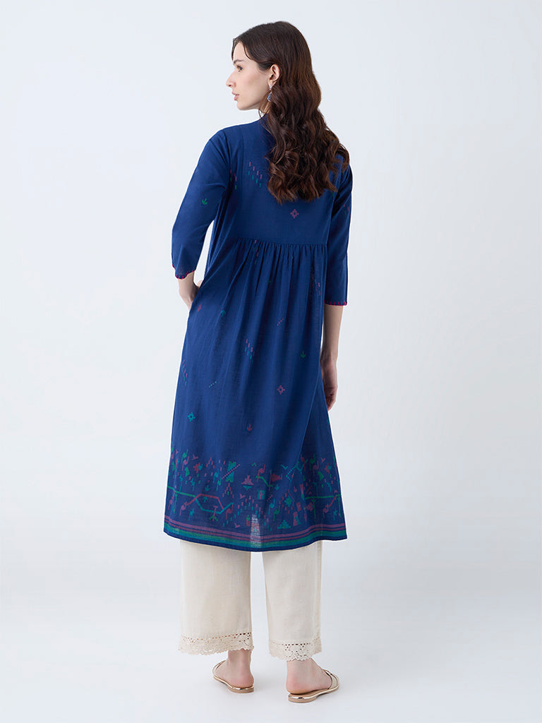 Utsa Indigo Embroidered Cotton A-Line Kurta