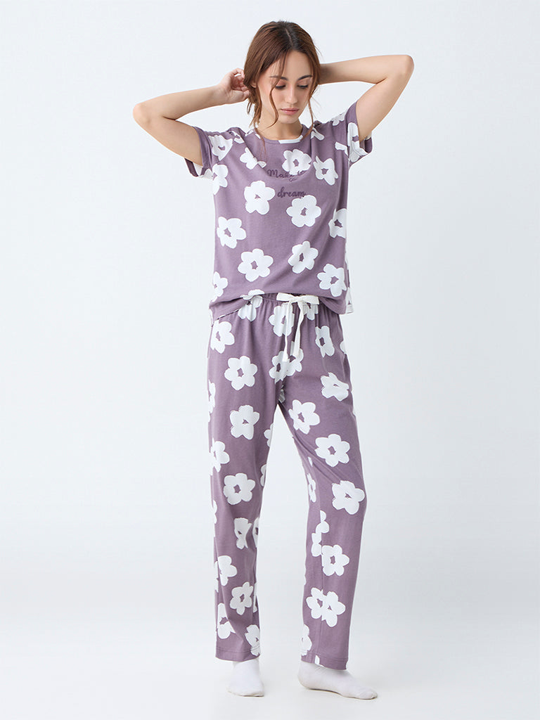 Wunderlove Mauve Floral Pattern Cotton Pyjama Set In A Bag