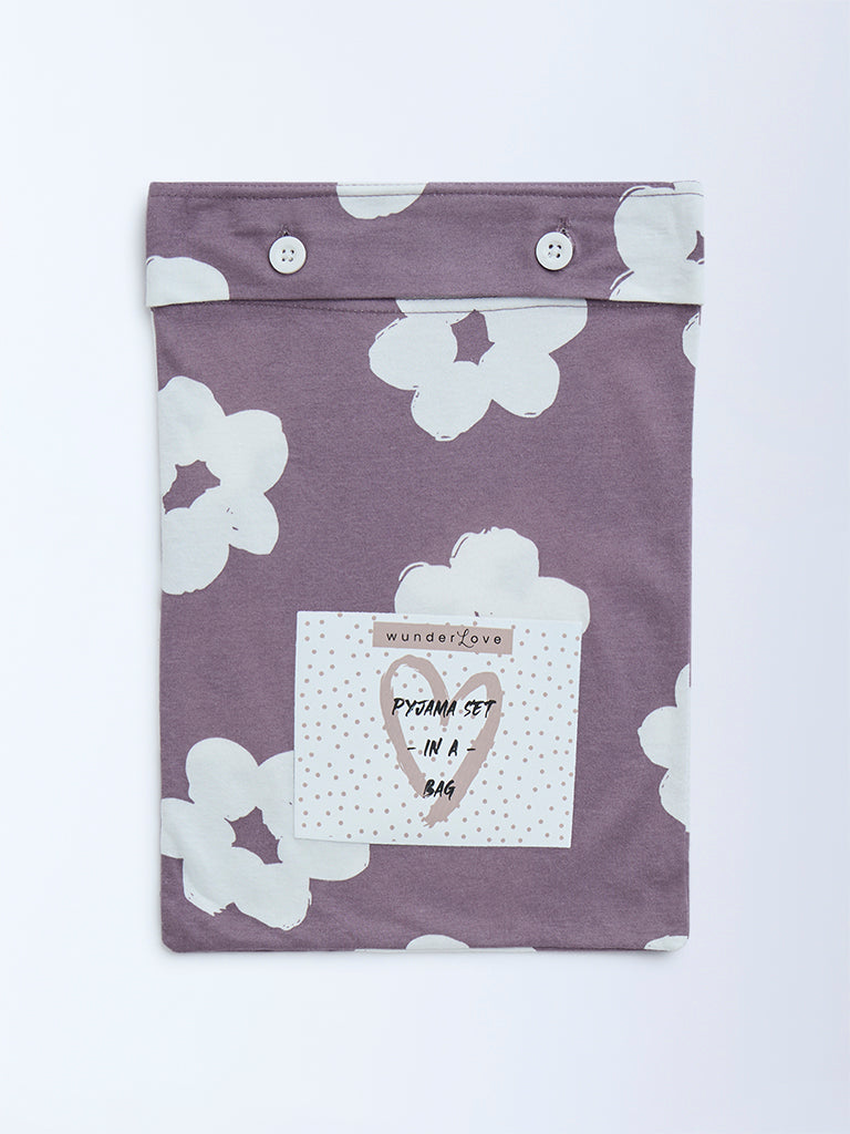 Wunderlove Mauve Floral Pattern Cotton Pyjama Set In A Bag